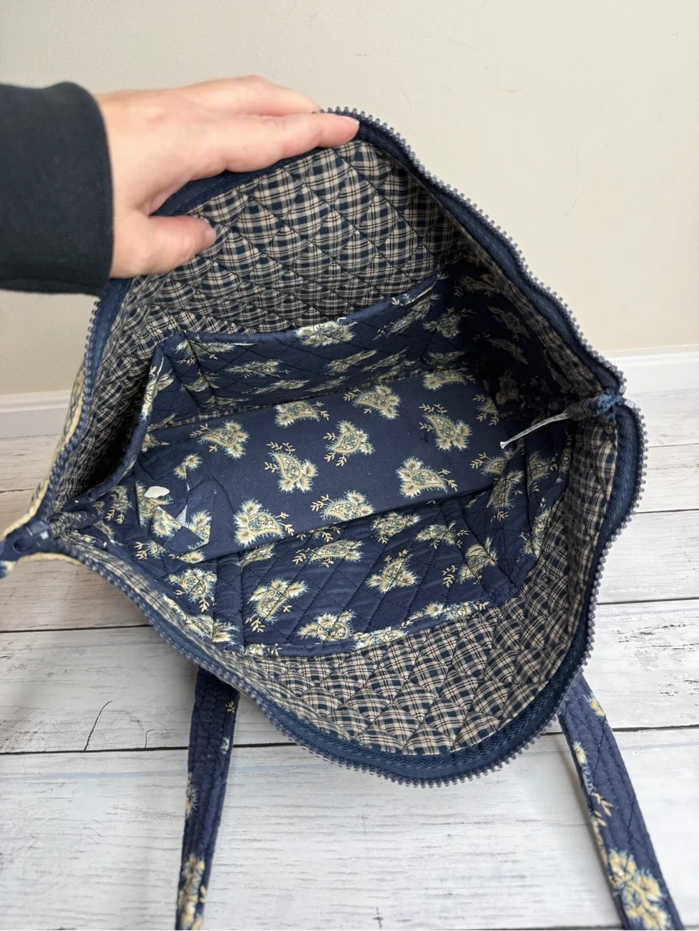 Quilted Floral Tote Bag in Navy and Cream